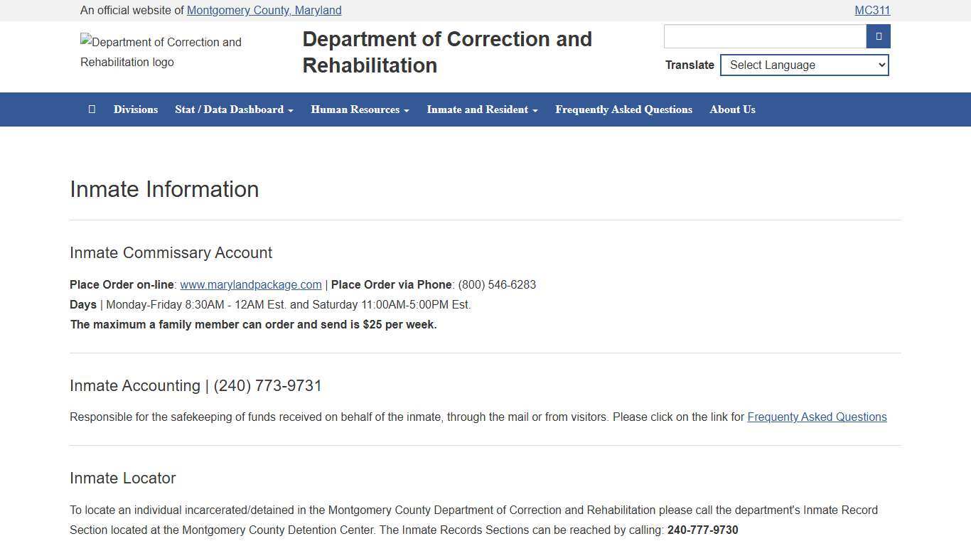 Inmate Information Department of Correction and Rehabilitation, Montgomery County Maryland